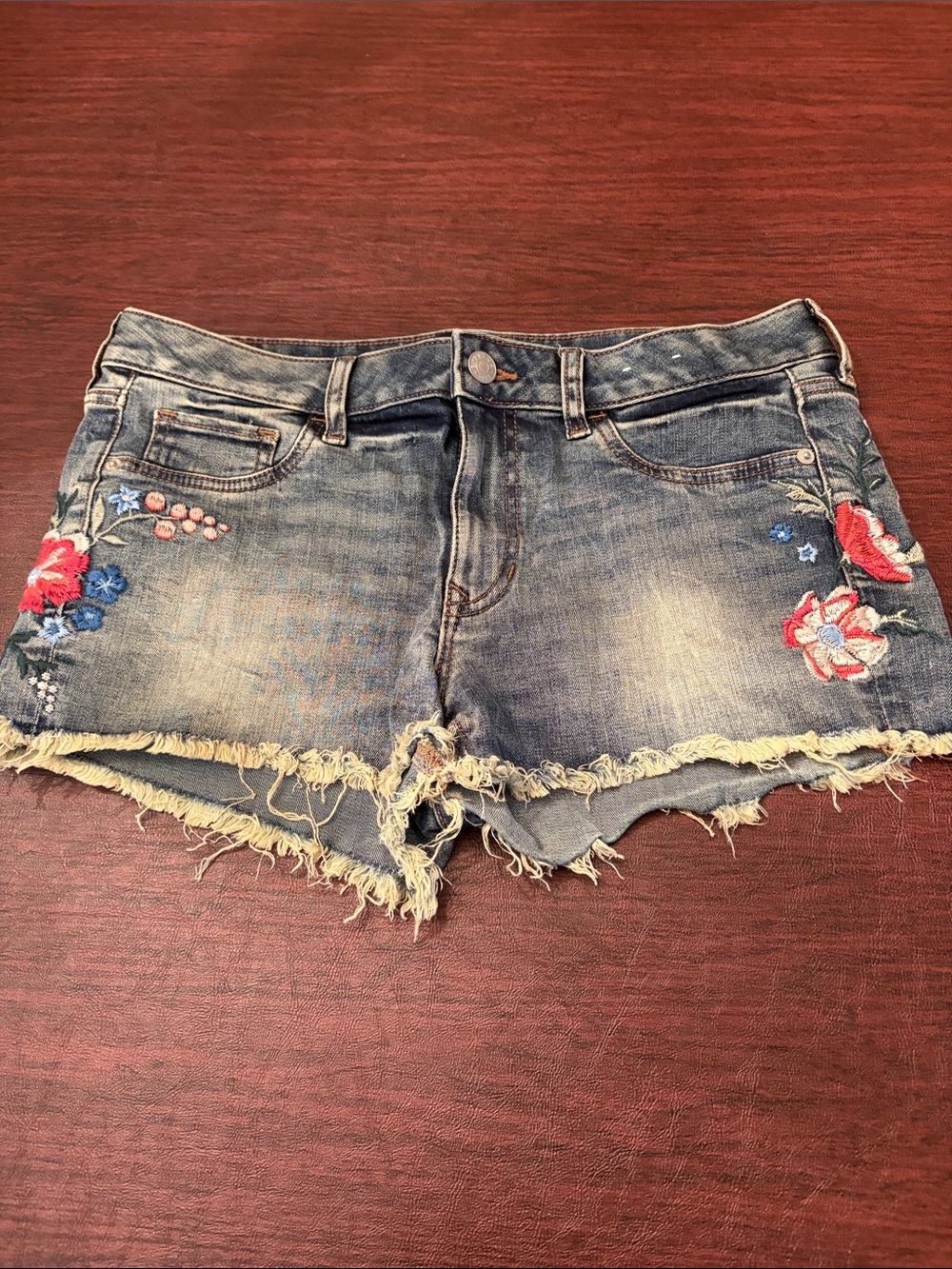 Express Blue Embroidered Frayed Denim Shorts
